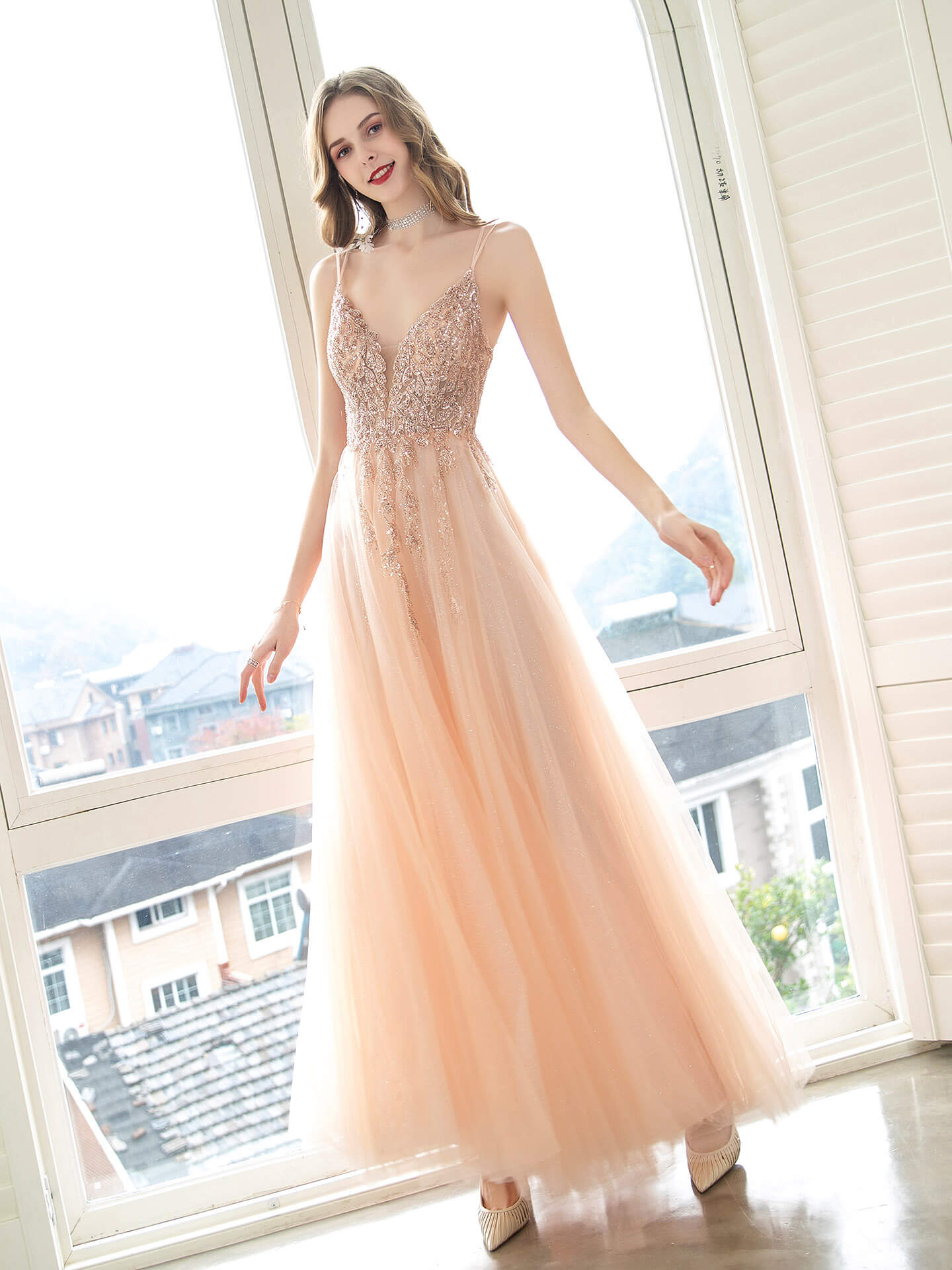 A-Line Glittering Fairy Engagement Prom Dress Spaghetti Strap Sleeveless Floor Length Tulle with Pleats Sequin - dressblee