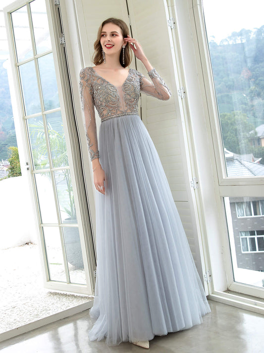 Roycebridal A-Line Tulle Beaded Luxurious Sexy Formal Evening Dresses Long Sleeves Floor Length