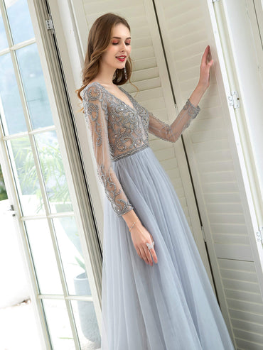 Roycebridal A-Line Tulle Beaded Luxurious Sexy Formal Evening Dresses Long Sleeves Floor Length