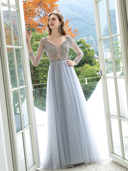 Roycebridal A-Line Tulle Beaded Luxurious Sexy Formal Evening Dresses Long Sleeves Floor Length