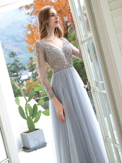 Roycebridal A-Line Tulle Beaded Luxurious Sexy Formal Evening Dresses Long Sleeves Floor Length