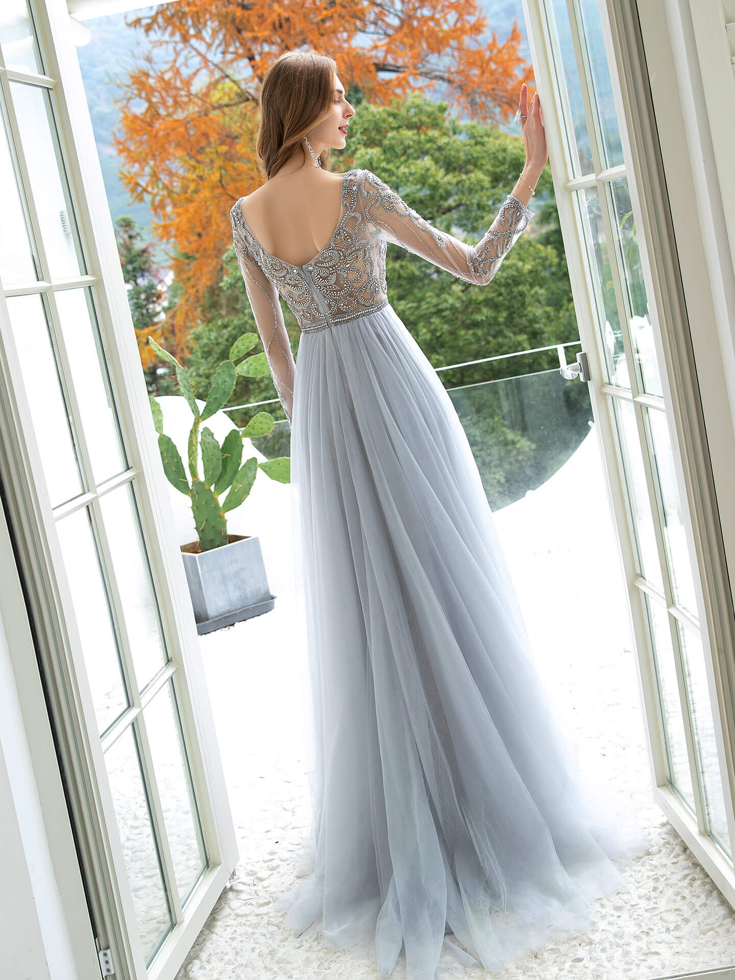 Roycebridal A-Line Tulle Beaded Luxurious Sexy Formal Evening Dresses Long Sleeves Floor Length