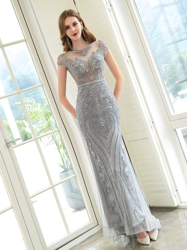 Roycebridal Mermaid / Trumpet Beaded Luxurious Sexy Formal Evening Dresses Cap Sleeves Floor Length