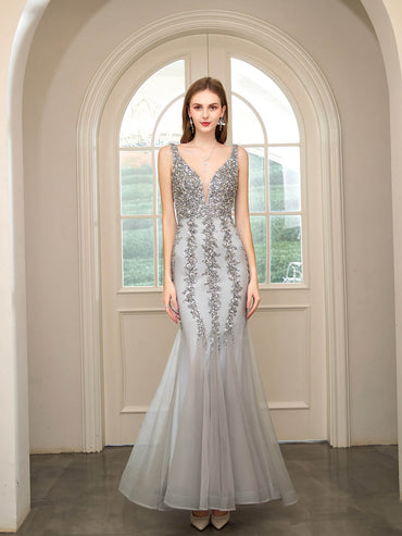 Roycebridal Mermaid V-neck Beaded Luxurious Fashion Formal Evening Dresses Sleeveless Floor Length