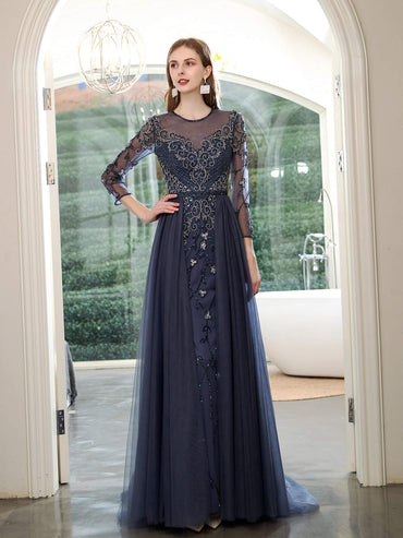 Roycebridal Mermaid Beaded Luxurious Fashion Formal Evening Dresses Long Sleeve Floor Length