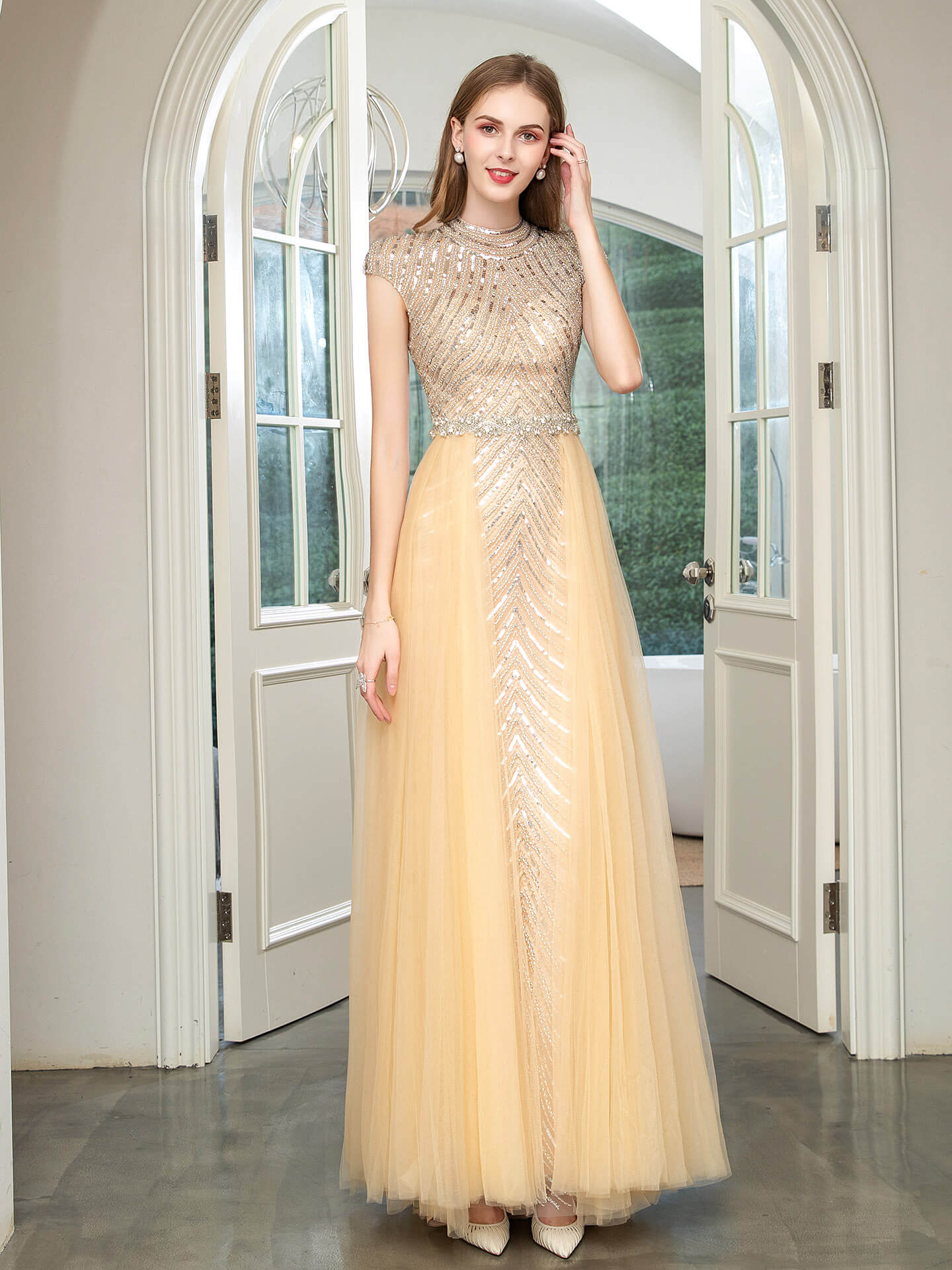 Roycebridal Mermaid Beaded Luxurious Fashion Formal Evening Dresses Cap Sleeve Floor Length