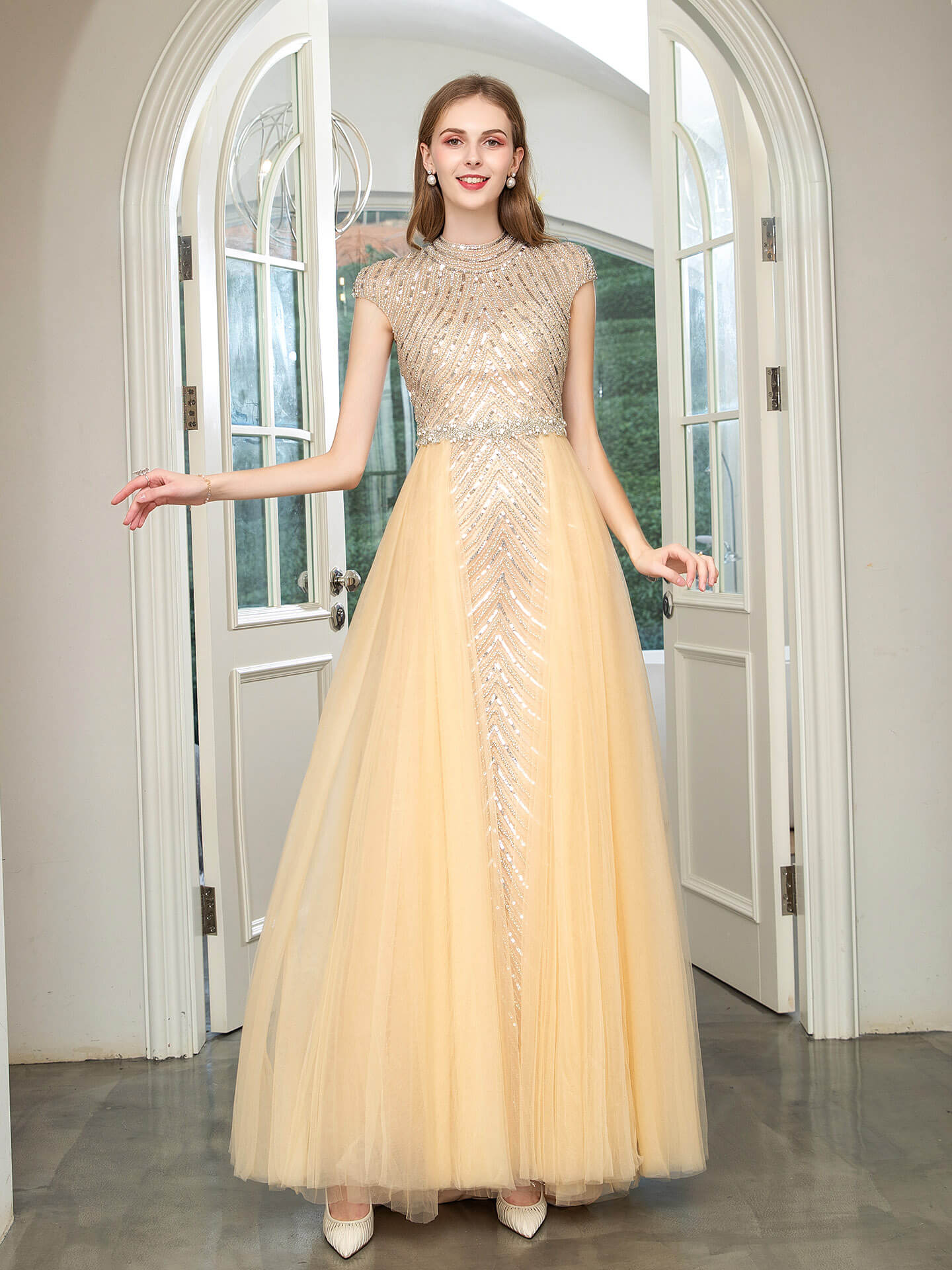 Roycebridal Mermaid Beaded Luxurious Fashion Formal Evening Dresses Cap Sleeve Floor Length