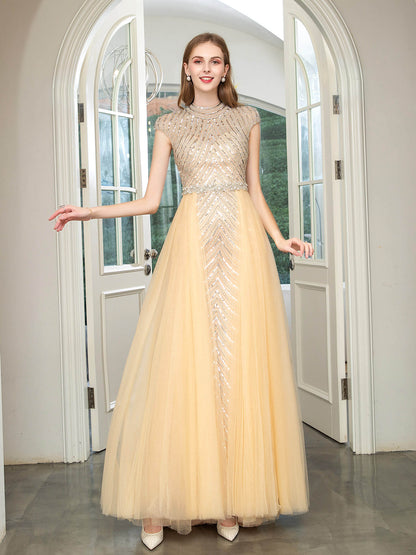 Roycebridal Mermaid Beaded Luxurious Fashion Formal Evening Dresses Cap Sleeve Floor Length