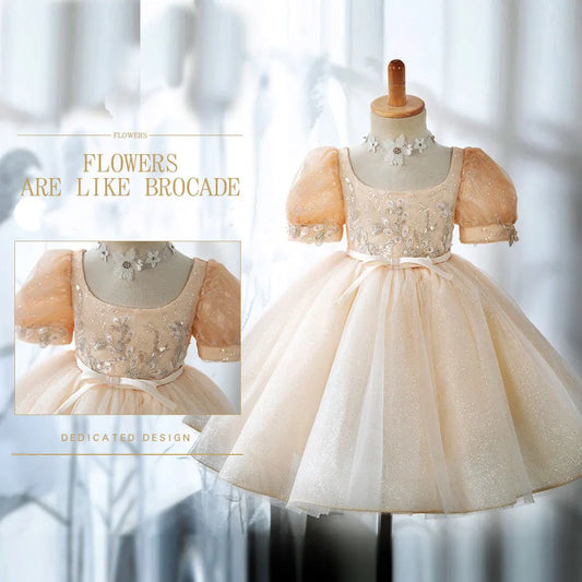 Roycebridal Champagne Square Collar Baby Girl Dresses Arabic Beading Sequined Princess Gown for Birthday Wedding Party Show J405