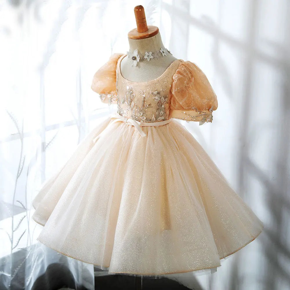 Roycebridal Champagne Square Collar Baby Girl Dresses Arabic Beading Sequined Princess Gown for Birthday Wedding Party Show J405