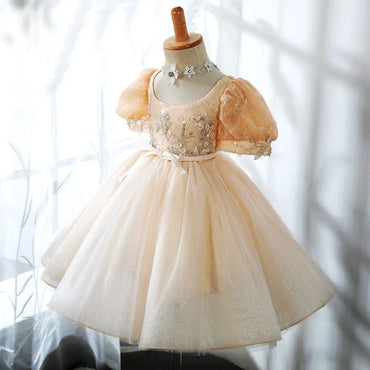 Roycebridal Champagne Square Collar Baby Girl Dresses Arabic Beading Sequined Princess Gown for Birthday Wedding Party Show J405