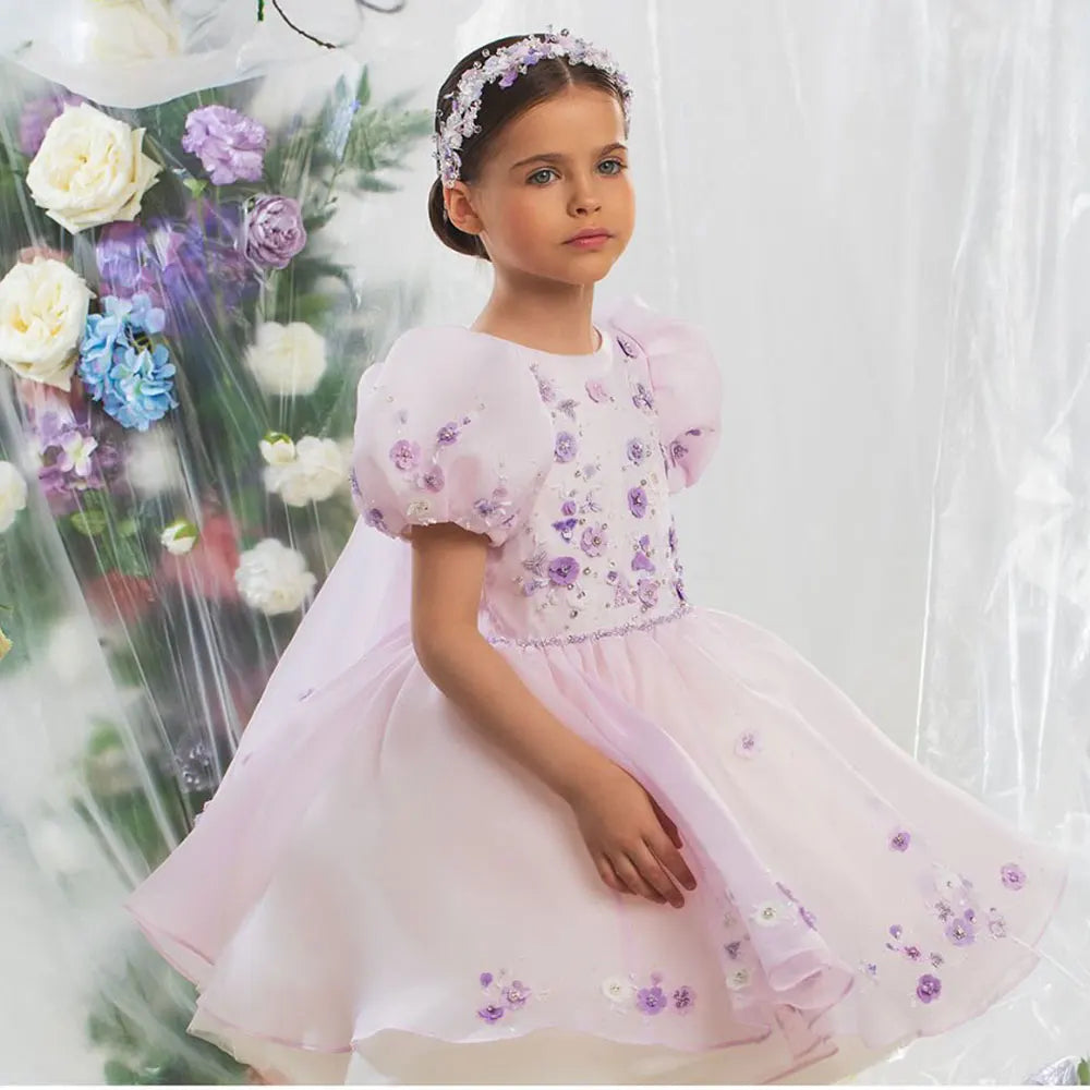 Roycebridal Luxury Arabic Pink Girl Dress Beaded with Cape Prom Gown for Kids Princess Wedding Birthday Communion Party 2025 J355