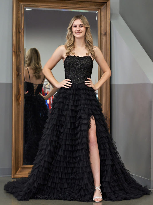 Roycebridal Jordan | Black A-Line Tiered Sequins Tulle Long Prom Dress