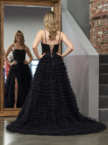 Roycebridal Jordan | Black A-Line Tiered Sequins Tulle Long Prom Dress