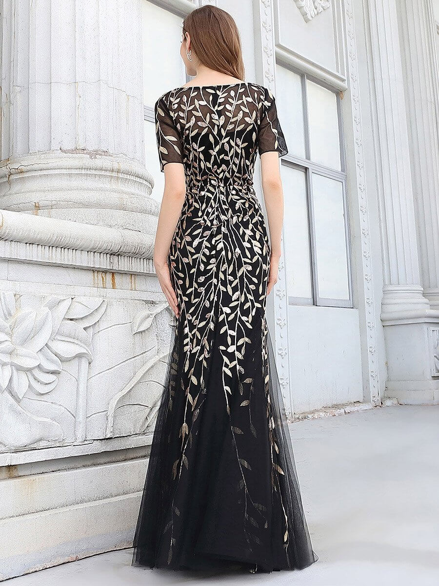 Krystal tulle embroidered leaf pattern dress with sequins in darker colors - Bay Bridal and Ball Gowns