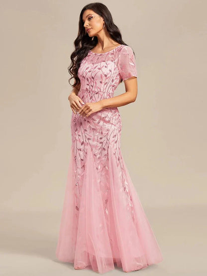 Krystal tulle embroidered leaf pattern dress with sequins in lighter colors - Bay Bridal and Ball Gowns