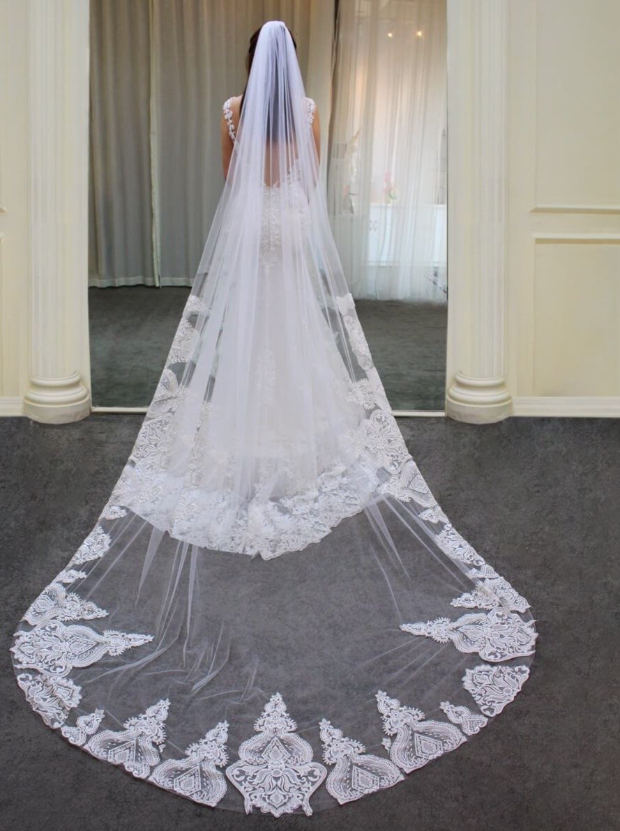 Lace Appliqued Cathedral Length Mantilla Veil Viniodress V689-Veils-Viniodress-Ivory-Viniodress