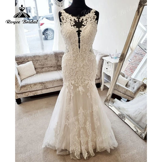 Roycebridal BRIDE,BRIDE EXPLORE All Wedding Dresses,BRIDE EXPLORE Custom Wedding Dresses 👗,BRIDE EXPLORE Plus SizeLace Appliques Open Back Sccop Neck Sweep Train Mermaid/Trumpet Wedding Dress 2025 Bridal Wedding Gowns for Women Custom Made