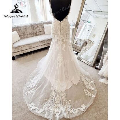 Roycebridal BRIDE,BRIDE EXPLORE All Wedding Dresses,BRIDE EXPLORE Custom Wedding Dresses 👗,BRIDE EXPLORE Plus SizeLace Appliques Open Back Sccop Neck Sweep Train Mermaid/Trumpet Wedding Dress 2025 Bridal Wedding Gowns for Women Custom Made