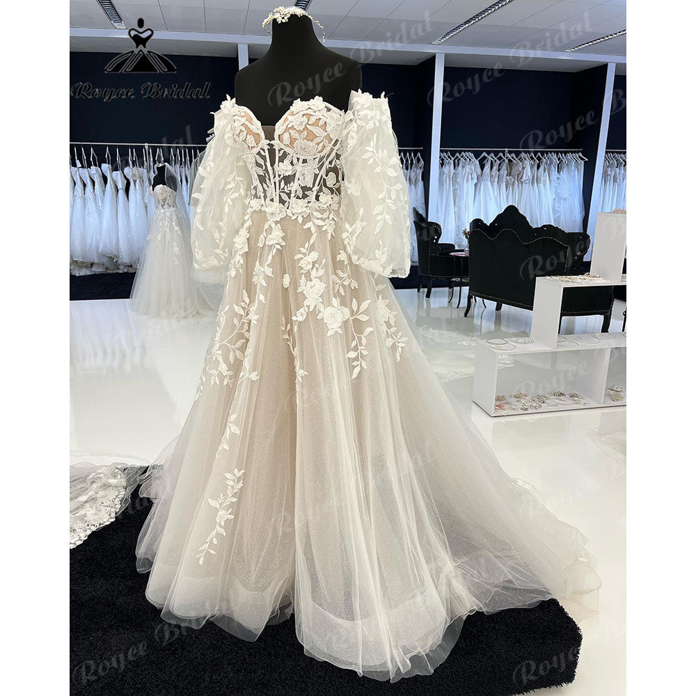 Roycebridal Lace Appliques Princess Off Shoulder Long Puff Sleeve Wedding Dress for Women Sweetheart Neckline hochzeitskleid Roycebridal