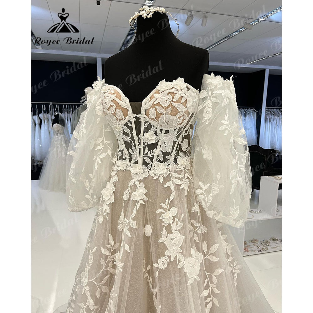 Roycebridal Lace Appliques Princess Off Shoulder Long Puff Sleeve Wedding Dress for Women Sweetheart Neckline hochzeitskleid Roycebridal