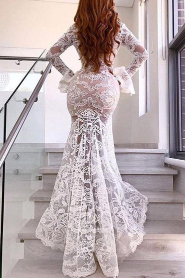 Lace Mermaid Deep V-neck Long Sleeves Wedding Dress, Wedding Gown, MW733 | long sleeves wedding dress | bridal gown | wedding dresses stores | www.musebridals.com