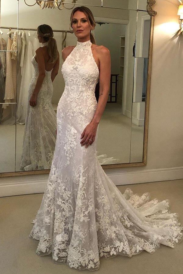 Lace Mermaid Halter Neck Backless Wedding Dresses With Sweet Train, MW965 | mermaid lace wedding dress | cheap wedding dress | bridal gown | musebridals.com