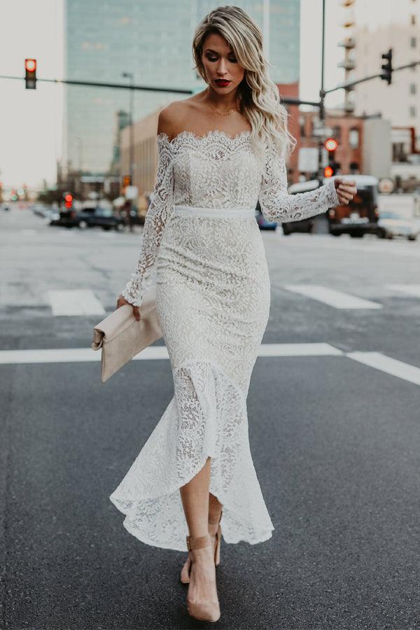 Lace Mermaid Off Shoulder High Low Long Sleeves Wedding Dresses, MW1025 | cheap lace wedding dress | wedding gown | high low wedding dress | musebridals.com