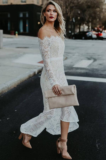 Lace Mermaid Off Shoulder High Low Long Sleeves Wedding Dresses, MW1025 | short wedding dress | lace wedding gown | vintage wedding dress | musebridals.com