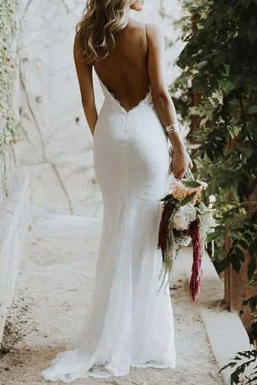 Lace Mermaid Spaghetti Straps Backless Wedding Dresses, Bridal Gown, MW692 | ivory lace wedding dress | beach wedding dresses | bridal outfit | www.musebridals.com