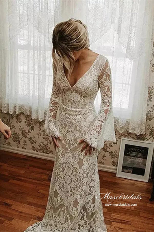 Lace Mermaid V-neck Long Sleeves Backless Vintage Wedding Dresses, MW892 | cheap lace wedding dress | mermaid wedding dress | bridal gown | musebridals.com