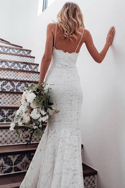 Lace Mermaid V-neck Spaghetti Straps Wedding Dress With Sweep Train, MW773 | wedding dresses near me | cheap lace wedding dresses | wedding gowns | musebridals.com