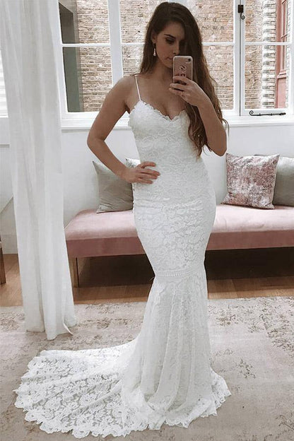 Lace Mermaid V-neck Spaghetti Straps Wedding Dress With Sweep Train, MW773 | mermaid wedding dresses | cheap wedding dresses | bridal gown | musebridals.com