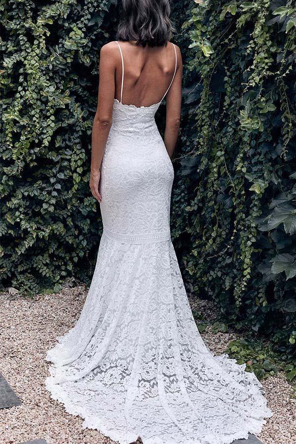 Lace Mermaid V-neck Spaghetti Straps Wedding Dress With Sweep Train, MW773 | bridal outfits | vintage wedding dresses | lace wedding dresses | musebridals.com