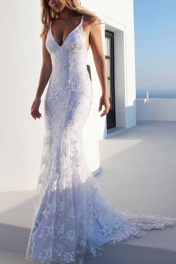 Lace Mermaid V-neck Spaghetti Straps Wedding Dresses, Bridal Gown, MW641 | satin wedding dresses | lace wedding dress | www.musebridals.com