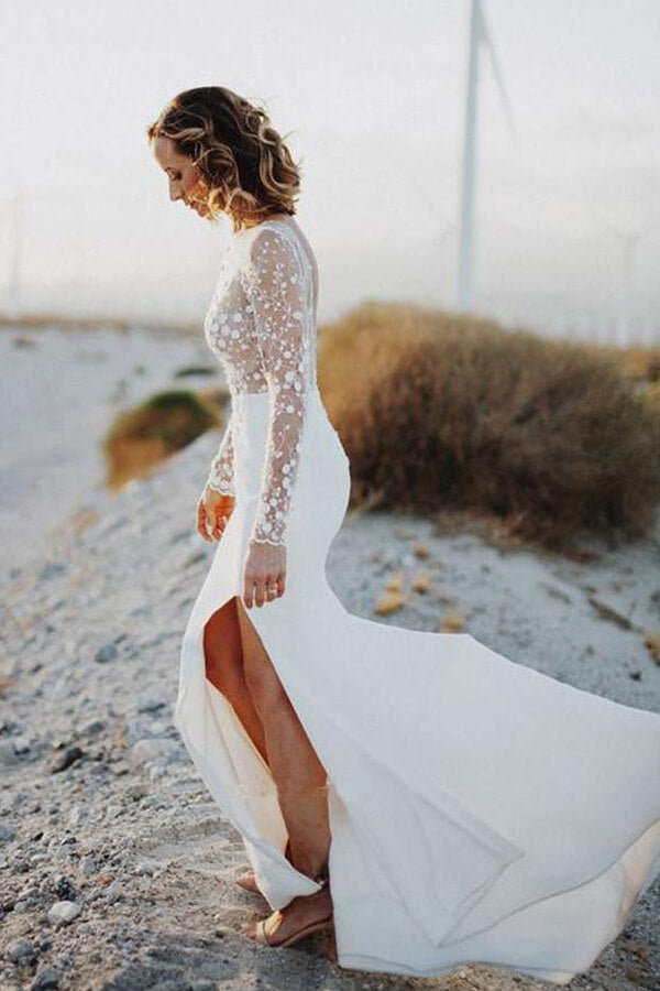 Lace Satin Scoop Mermaid Open Back Long Sleeves Slit Wedding Dresses, MW636 | beach wedding dress | mermaid lace wedding dresses | long sleeves wedding gown | www.musebridals.com