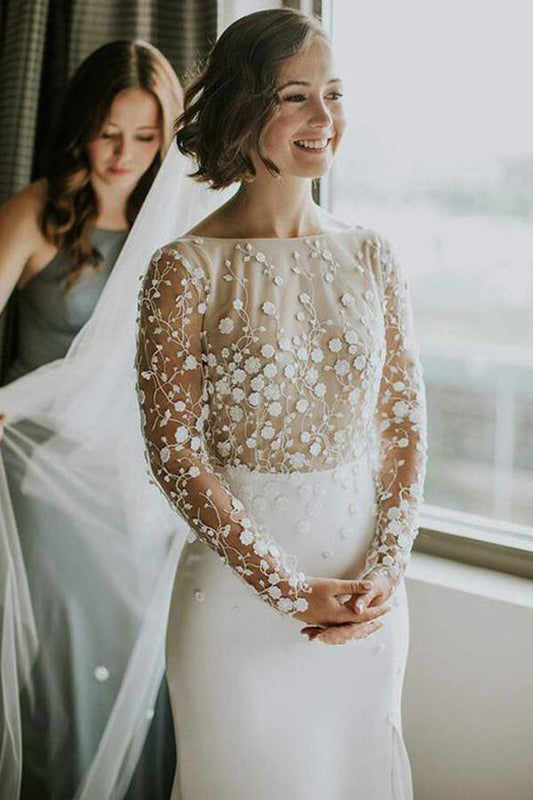 Lace Satin Scoop Mermaid Open Back Long Sleeves Slit Wedding Dresses, MW636 | wedding dresses online | long sleeves wedding dress | mermaid wedding dress | www.musebridals.com