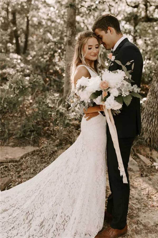 Lace Sheath V-neck Backless Wedding Dresses With Train, Bridal Gowns, MW777 | cheap lace wedding dresses | sheath wedding dresses | bridal gowns | musebridals.com