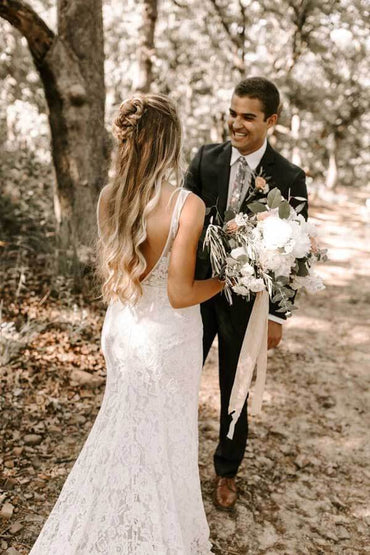 Lace Sheath V-neck Backless Wedding Dresses With Train, Bridal Gowns, MW777 | lace wedding dresses | cheap wedding dresses | outdoor wedding dresses | musebridals.com