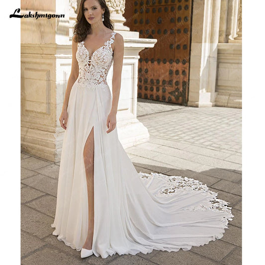 Roycebridal Roycebridal A-Line Split Chiffon Illusion Bodice Backless Beach Wedding Dresses for Women Appliques Summer Boho Bride Dress