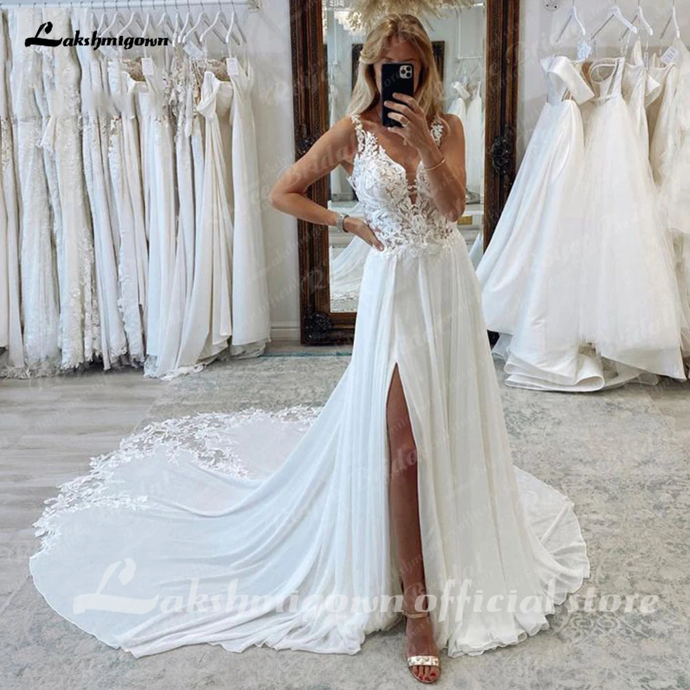 Roycebridal Roycebridal A-Line Split Chiffon Illusion Bodice Backless Beach Wedding Dresses for Women Appliques Summer Boho Bride Dress