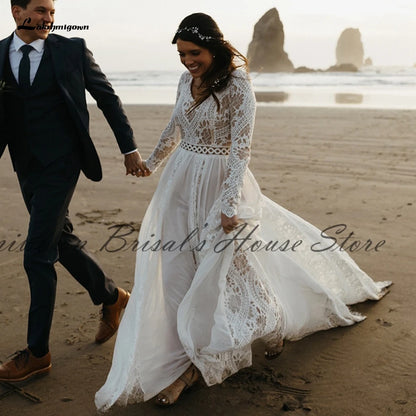 Roycebridal Hippie Lace Long Sleeve Dress Bridal Robe Sexy A Line Boho Wedding Dresses 2021 Plus Size Women Beach Wedding Gowns