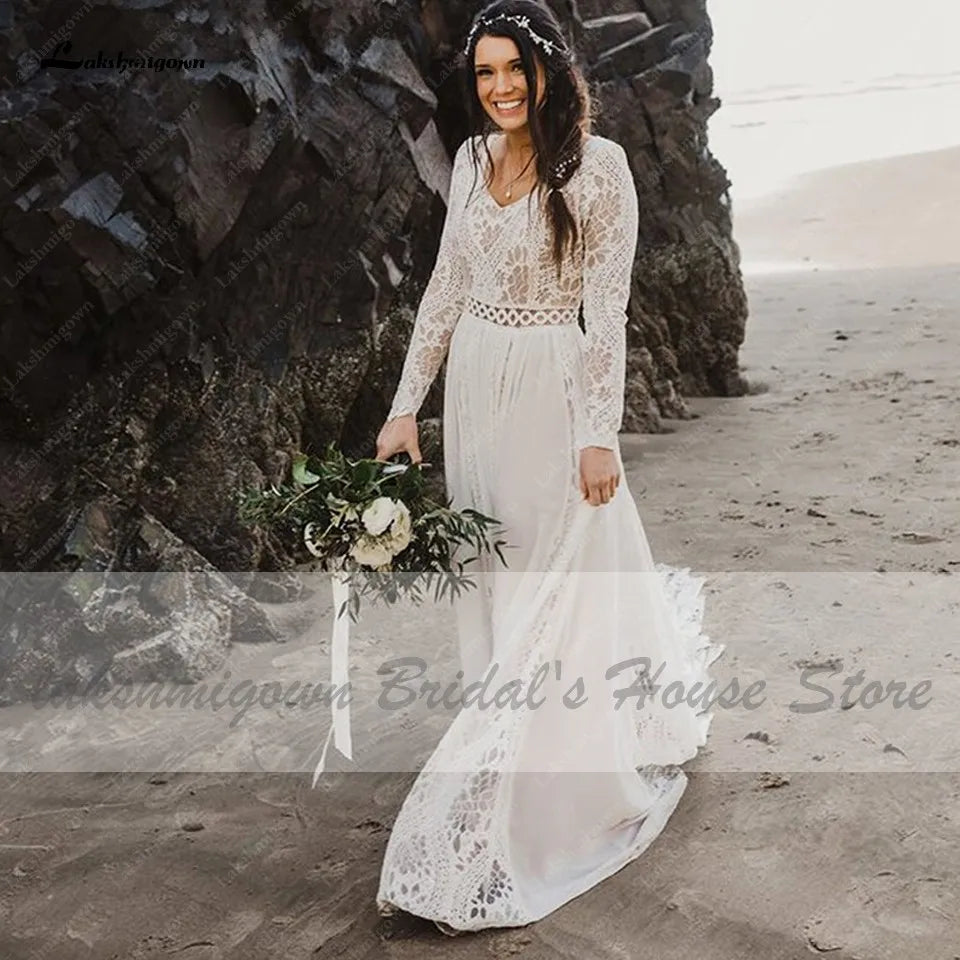 Roycebridal Hippie Lace Long Sleeve Dress Bridal Robe Sexy A Line Boho Wedding Dresses 2021 Plus Size Women Beach Wedding Gowns