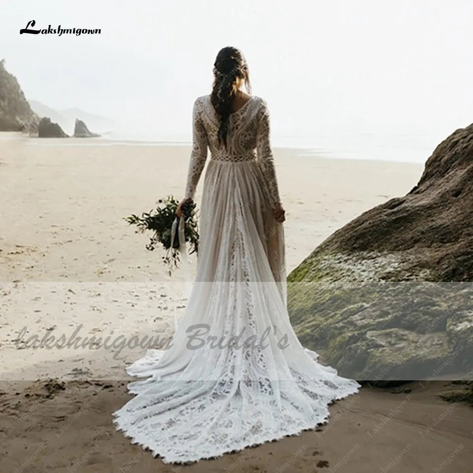 Roycebridal Hippie Lace Long Sleeve Dress Bridal Robe Sexy A Line Boho Wedding Dresses 2021 Plus Size Women Beach Wedding Gowns