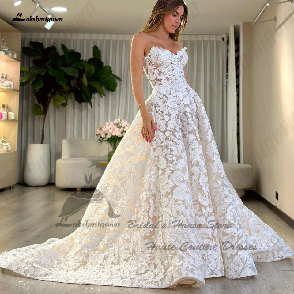 Lakshmigown Luxury Lace Boho Wedding Gowns Off The Shoulder Robe Mariee 2024 Sparkly Church Champagne Bridal Dresses Sweetheart