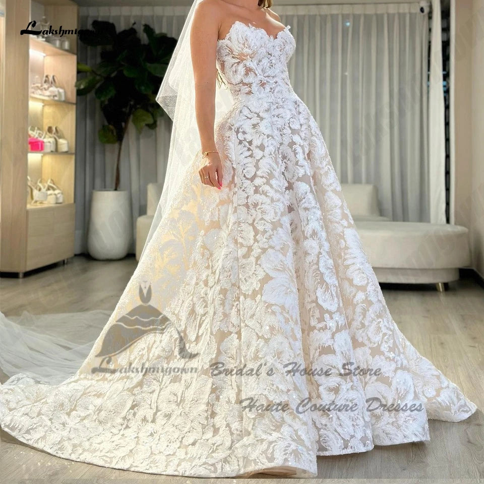 Lakshmigown Luxury Lace Boho Wedding Gowns Off The Shoulder Robe Mariee 2024 Sparkly Church Champagne Bridal Dresses Sweetheart