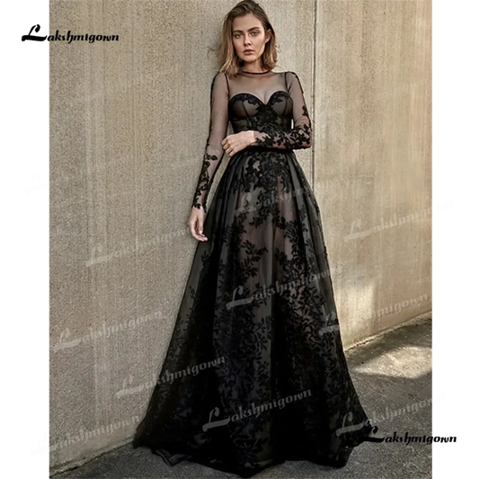 Roycebrial O Neck A Line Wedding Dress 2025 Lace Long Sleeves Backless Sweep Train Black Party dressفساتين للمناسبات الخاصةفسات