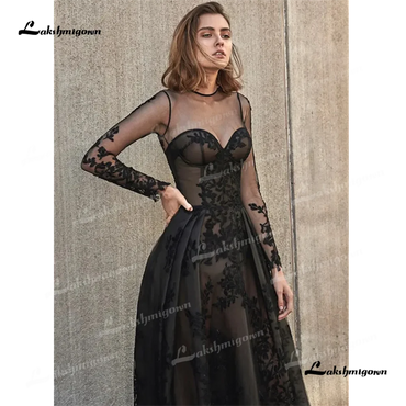 Roycebrial O Neck A Line Wedding Dress 2025 Lace Long Sleeves Backless Sweep Train Black Party dressفساتين للمناسبات الخاصةفسات