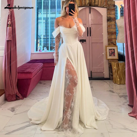 Lakshmigown Off The Shoulder Pleat Satin Wedding Dresses Lace Long Sleeves A-Line Bridal Gowns Sweep Train Bridal Dresses