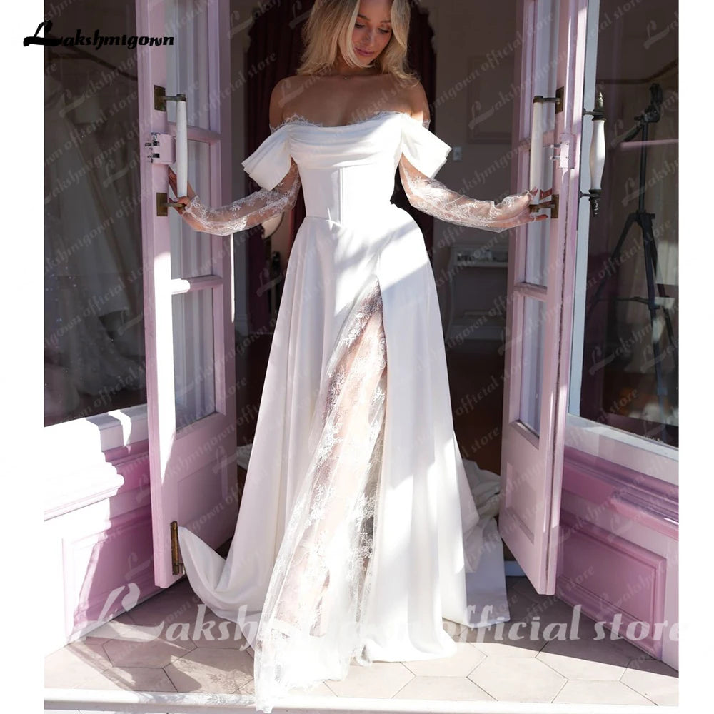 Lakshmigown Off The Shoulder Pleat Satin Wedding Dresses Lace Long Sleeves A-Line Bridal Gowns Sweep Train Bridal Dresses